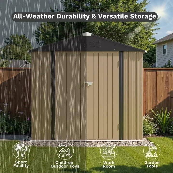Greesum 8×6FT Outdoor Storage Shed, Metal Patio Storaged Sheds with Lockable Doors, Sheds & Outdoor Storage for Bike, Backyard, Pool and Garden, Brown