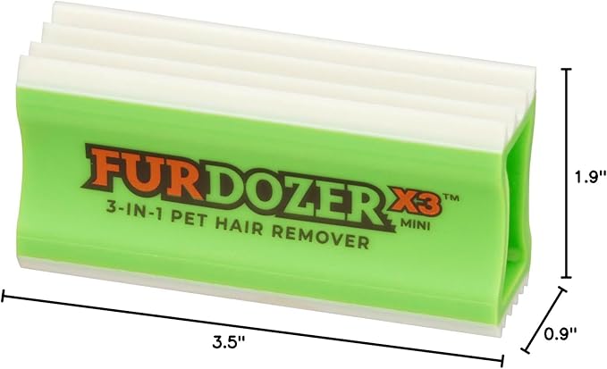 FurDozer Pet Hair Remover & Auto Detailing Tools - Cat & Dog Hair Remover for Carpets, Car Interiors, Couches, Bedding, & Pet Furniture (Green, X3 MINI - 3.5" Long)