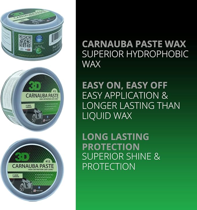 3D Carnauba Paste Wax – Grade 1 Brazilian Carnauba for Deep Wet Shine | Easy Hand Application | High Gloss Finish | Non-Abrasive |Car Wax Paste