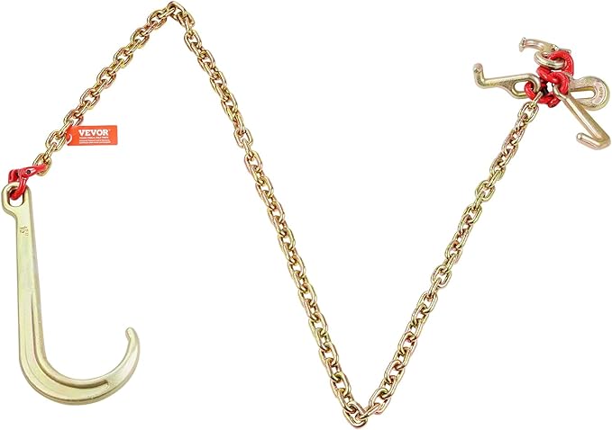 VEVOR J Hook Chain, 5/16" x 6' G80 15" Long Shank J Hook Tow Chain with RTJ Cluster Hook & Grab Hook, 5400 lbs Safe Working Load, Heavy Duty Transport Truck Chain for Wrecker Recovery Trailer Towing