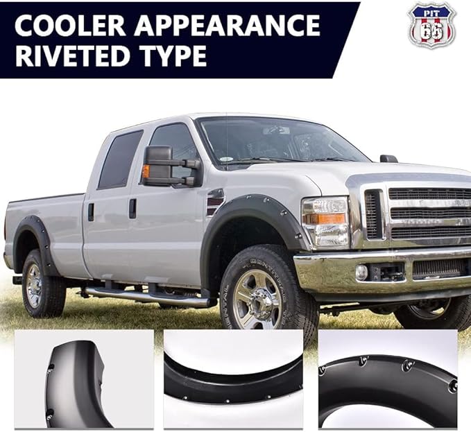 PIT66 Fender Flares, Compatible With 1999-2007 Ford F250 F350 Super Duty(ONLY Fit Styleside Models), Paintable Smooth Matte Black Pocket Riveted Style Wheel Flares Set, 4 Pcs