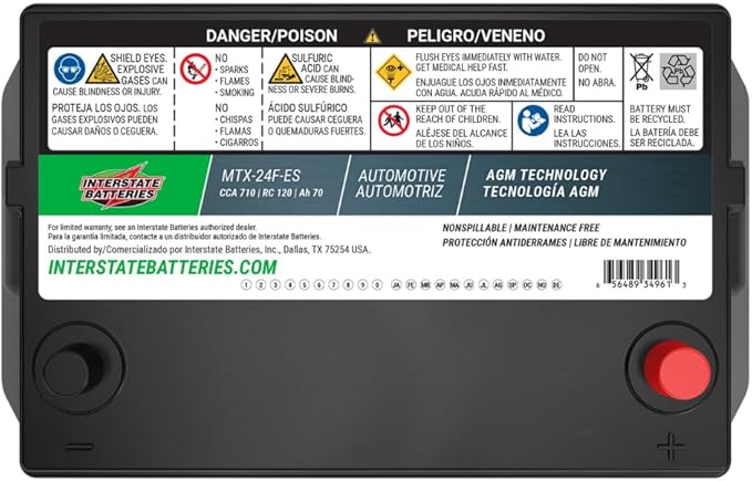Interstate Batteries Automotive Battery 12V 70Ah (Group Size 24F) 710CCA SLI AGM Auto Battery Replacement for Cars, SUVs, Sedans, Trucks (MTX-24F)