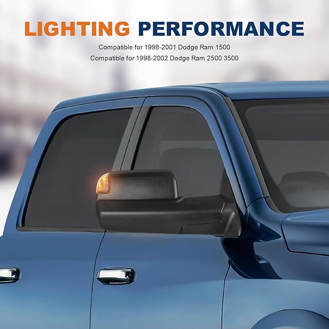 Pair Black Power Heated Towing Mirrors Compatible for 1998-2001 Dodge Ram 1500/1998-2002 Dodge Ram 2500 3500 w/White DRL, Led Turn Light