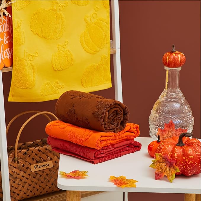 4 Pack 3D Fall Pumpkin Maple Leaf Jacquard Hand Towels for Bathroom Cotton Absorbent Fall Autumn Thanksgiving Orange Yellow Hand Towels for Holiday Decorative 14 X 30 inch