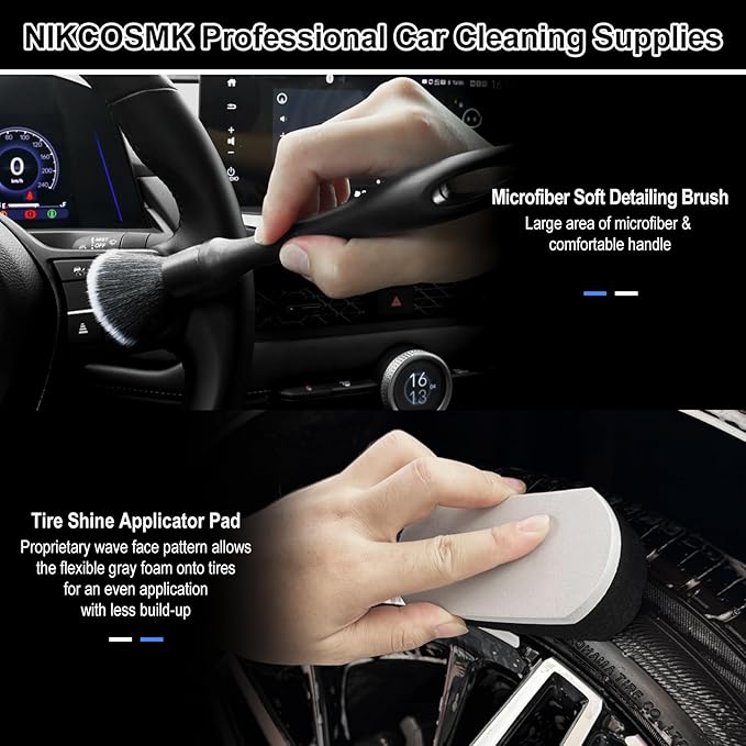 9Pcs Car Wheel & Tire Brush Kit, Wheel Cleaner Brush, Soft-bristled Rim Brush, Car Drying Towel (36"x 24"), Tire Shine Applicator Pad, Car Wash Mitt, Car Detailing Cleaning Wash Brush Supplies Kit