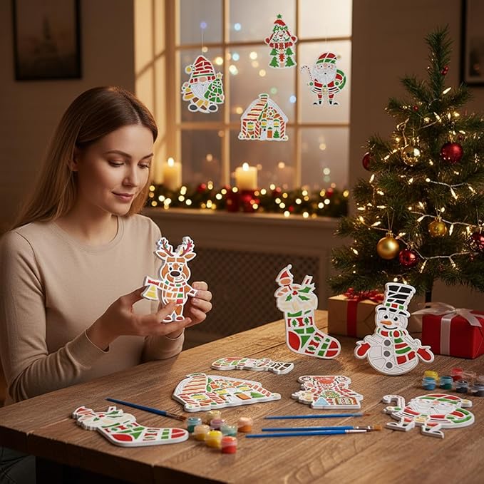 Gersoniel 6 Pack Christmas Paint Your Own Ceramic Ornament Kit Mosaic Stepping Stone Crafts Set Xmas Garden Stones Decor Pottery with Paints Brushes for Holiday Painting Party DIY Art Supplies