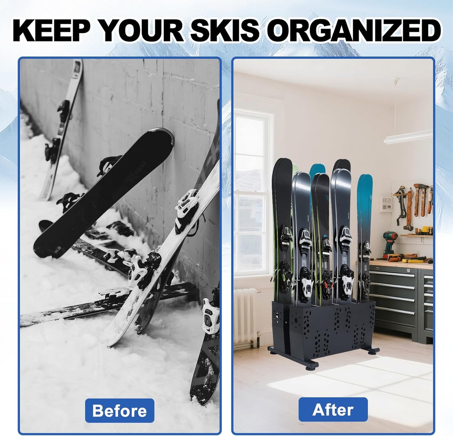 Freestanding Ski Storage Rack for 4 Pairs, Floor Stand Ski Organizer Rack, Heavy Duty Alloy Steel Ski Holders Ski Organizer, Freestanding Ski Organizer for Garage Basement