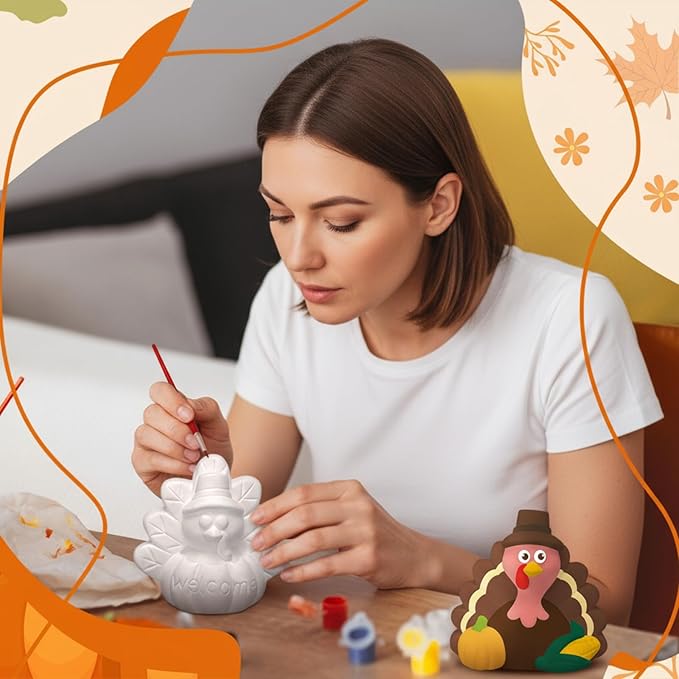 Eersida 6 Sets Thanksgiving Turkey Ceramics to Paint Ready to Paint Your Own Ceramic Turkey Statues DIY Unpainted Ceramics Paintable Thanksgiving Figurines Kit Crafts with Brush Palette