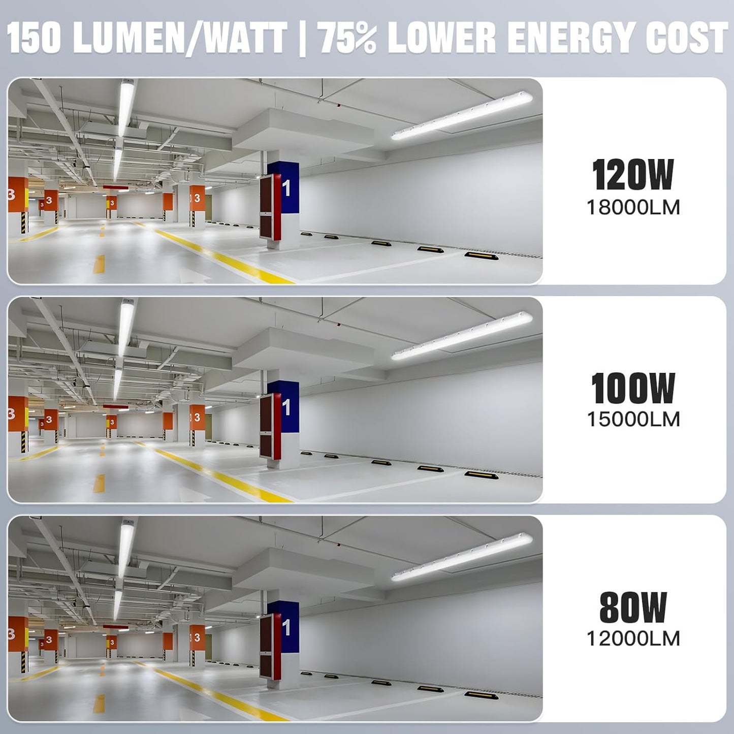 JTT 8FT LED Vapor Tight Light 120/100/80W Tunable, 18000lm LED Vapor Proof Lighting Fixture IP66, 5000K/4000K/3000K Outdoor Shop Light Waterproof for Parking Garage Car Wash Warehouse ETL Listed