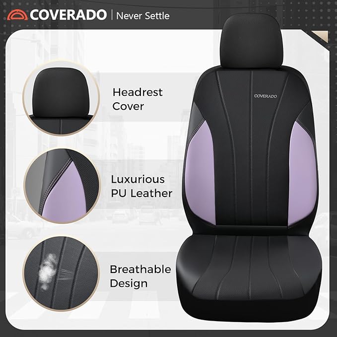 Coverado Car Seat Covers Front Seats, Automotive Seat Covers 2 Pack, Leather Car Seat Covers, Spill-Proof Design, Purple Seat Covers for SUV Sedan Truck