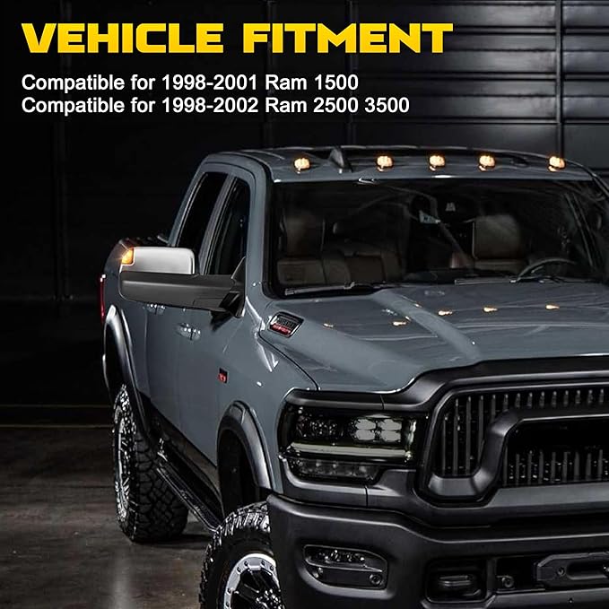 Pair Power Heated Towing Mirrors Compatible for 1998-2001 Dodge 1500 1998-2002 Ram 2500 3500 w/Amber Turn Signal Light Side Tow Mirror Manual Telescoping Fold (Chrome)