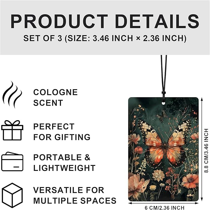 Vintage Dark Floral Witchy Moth Moon Butterfly Car Air Freshener 3 Pcs, Dark Cottagecore Botanical Hanging Air Freshener for Cars Closet Drawer Books, Gothic Flower Car Accessories for Women