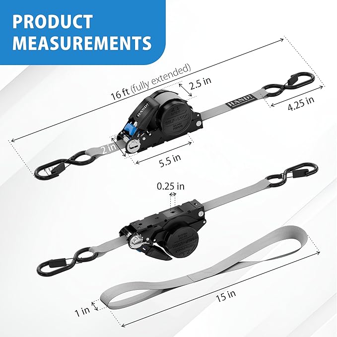 USA Based Retractable Ratchet Straps (2PK) 1in x 16ft - 1,500lb Break Strength, Heavy Duty Automatic Ratchet Straps Self Retractable Tie Down, Push Button Retracting Truck Trailer Cargo | Gray
