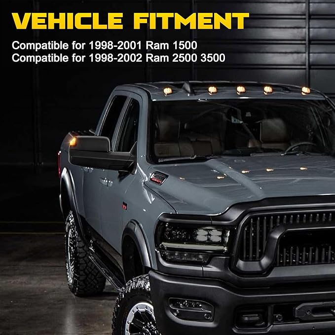 Pair Power Heated Towing Mirrors Compatible for 1998-2001 Dodge 1500 1998-2002 Ram 2500 3500 w/Amber Turn Signal Light Side Tow Mirror Manual Telescoping Fold (Black)