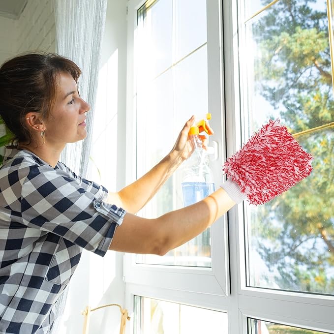 HARFINGTON 4pcs Chenille Microfiber Car Wash Mitts 9.1" x 6.7" Scratch Free Wash Gloves Absorbent Double Sided Plush Cleaning Drying Mitts for Car Washing Home, Red