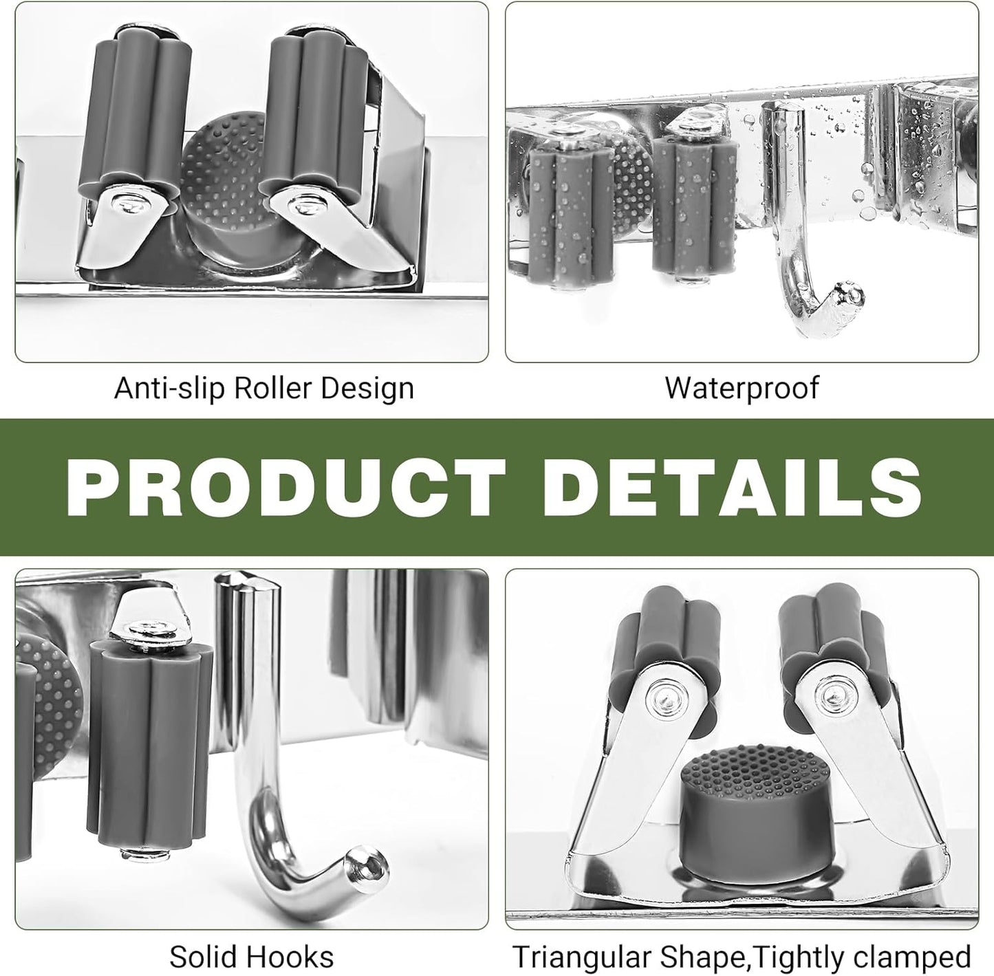 Broom Holder Wall Mount, Broom Organizer Wall Mount Stainless Steel Broom and Mop Hanger Heavy Duty Storage Organization for Home Kitchen Garden Garage Room 5 Racks 4 Hooks (2PACK)(Grey Racks)