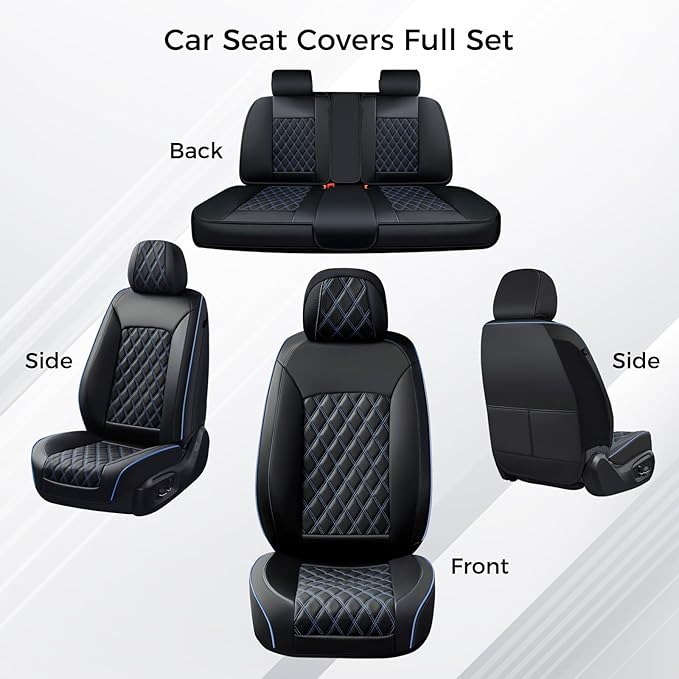 Huidasource Seat Covers Full Set, Nappa Leather Seat Covers, Blue Car Seat Covers, Universal Fit Front & Split Bench Rear, Airbag Compatible, for Most Cars,Vans,Trucks, SUVs(Full Set/Black&Blue)