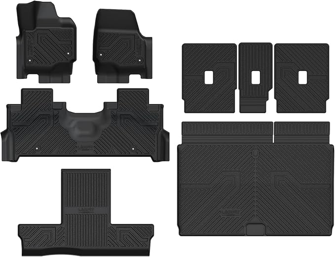 LASFIT Floor Mat & Cargo with Backrest Mat for Ford Expedition Max & Lincoln Navigator L 7 Seats 2025 2026(Not fit 8 Seats),Fit All Weather Protection TPE Easy Clean Floor Liners,Full Set,Black