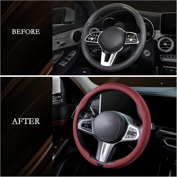 Aimato Nappa Leather Steering Wheel Cover, Ultra-Thin Car Steering Wheel Cover,Comfortable & Breathable Microfiber,Universal Fit for Most Cars,Wine Red