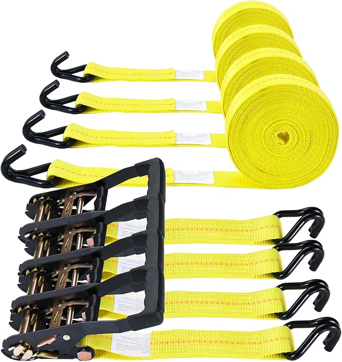 Trekassy 2" x 27' Heavy Duty Ratchet Straps (10,000 Lbs Break Strength), Tie Down Ratcheting with J-Hooks, Cargo Straps for Trucks, Trailers & Moving Appliances - 4 Pack