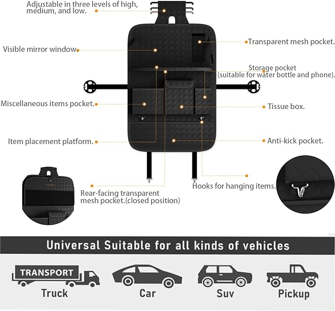 Car Seat Organizers,Multi-functional Back Seat Protectors, Storage Pouches, and Tray Holders (for Cars, Kids, Seat Back and Rear Seats) (Woven Black, 1 Pcs)