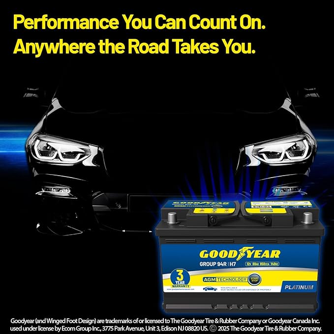Goodyear 94R-H7-AGM BCI Group Size 94R 12V 80 AH, 140RC, 850 CCA Platinum series Rechargeable AGM Maintenance Free Automotive Battery