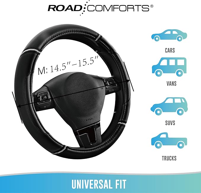 Road Comforts Leather Steering Wheel Cover - Made with PVC Leather - Anti-Slip, Universal Fit 14 1/2 inches to 15 inches - Black