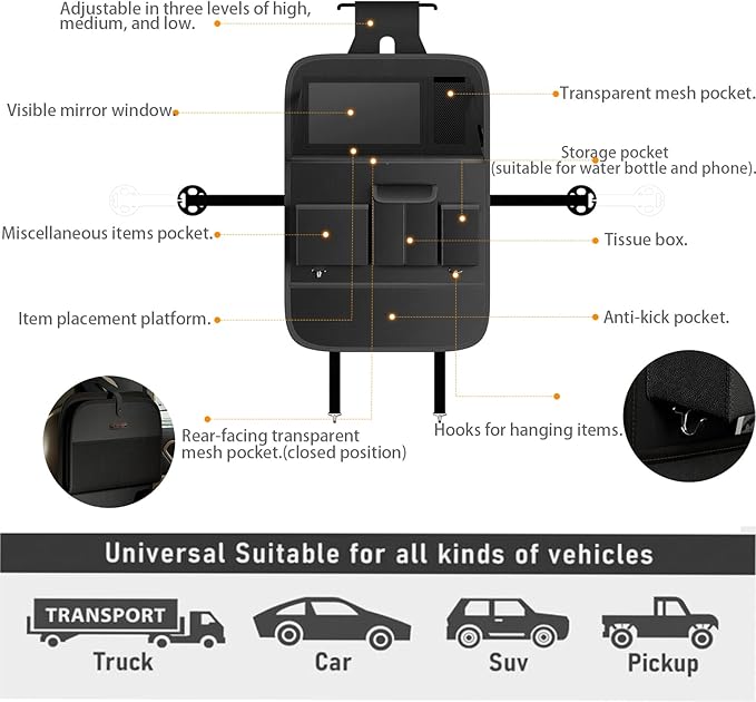 Car Seat Organizers,Multi-functional Back Seat Protectors, Storage Pouches, and Tray Holders (for Cars, Kids, Seat Back and Rear Seats) (Plain Black, 2 Pcs)