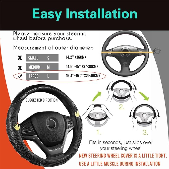 PINCTROT Large Size Steering Wheel Cover Great Grip with 3D Honeycomb Anti-Slip Design, 15.5-15.75 Inch (All Black)