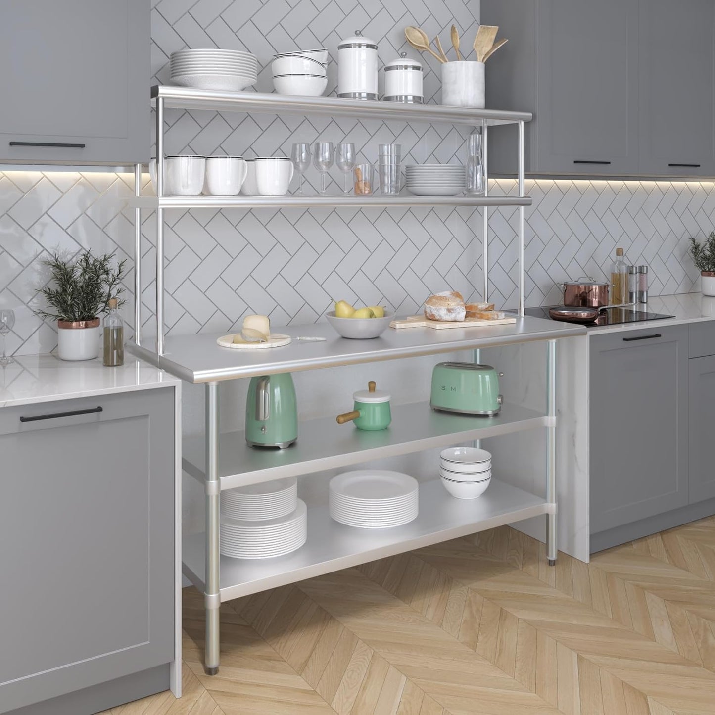 Amgood Stainless Steel Work Table with 2 Shelves | Metal Kitchen Prep Table & Shelving Combo (24" x 60" Table with 2 Shelves + 12" Overshelf)