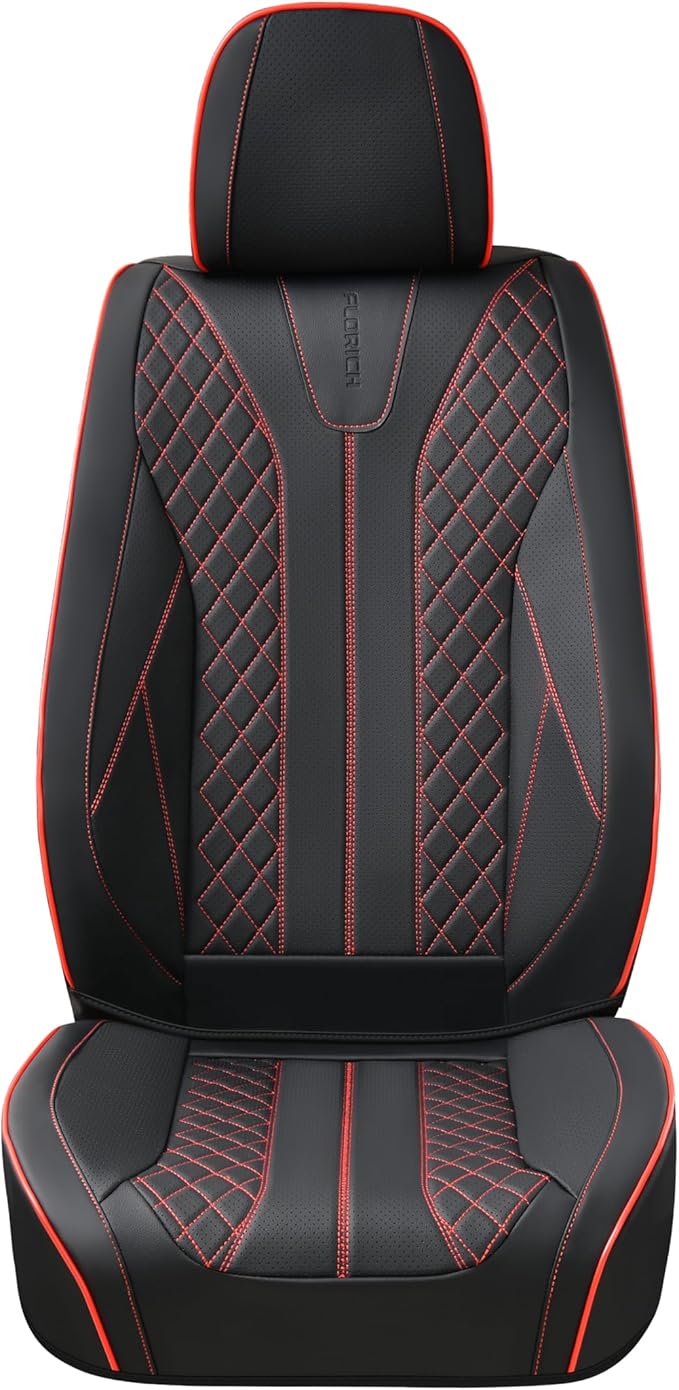 FLORICH Leather Car Seat Covers, Automotive Seat Cover 2 Pack Waterproof Seat Covers for Cars Driver Seat Cover Protectors Universal Fit for Most Cars SUV Trucks Vehicles, Black&Red Line