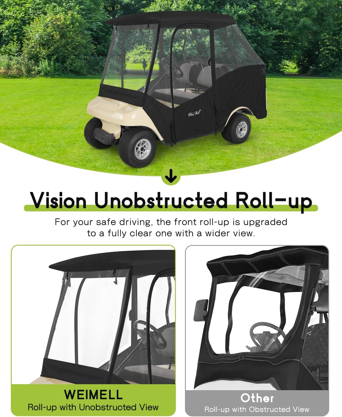 Golf Cart Enclosure 4 Passenger for Club Car DS 2+2 Enclosure Waterproof Windproof Driving Rain Cover Fit 4-Seater Short Roof with 4-Sided Clear Windows Mirror Zipper Roll-up Door Black