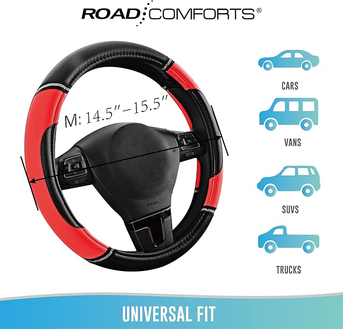 Road Comforts Leather Steering Wheel Cover - Made with PVC Leather - Anti-Slip, Universal Fit 14 1/2 inches to 15 inches - Red