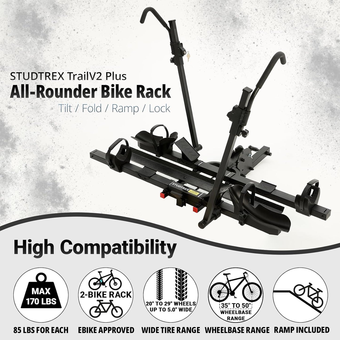 TrailV2 Plus Hitch 2 Ebike Rack with Ramp, Tilt, Fold, Anti-Theft Hitch & Wheel Locks, Heavy Duty 170 lbs Capacity, Fits 2" Receiver, Max 5" Fat Tires, Electric Bike Rack for for Car, SUV, Truck, RV