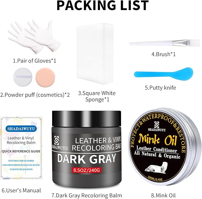 8.5oz Leather Recoloring Balm with 100ml Mink Oil,Dark Gray Leather Repair kit for Furniture and Car Interior,Leather Couch Scratch Repair,Leather Dye Paint,Mink Oil for Leather