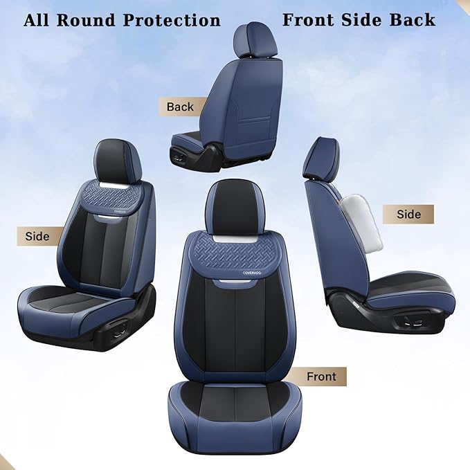 Coverado Front Seat Covers, Breathable Nappa Leather Car Seat Cover, Universal Seat Covers for Cars, Waterproof Car Seat Protector, Driver Seat Cover Fit for Most Cars(Blue&Black)