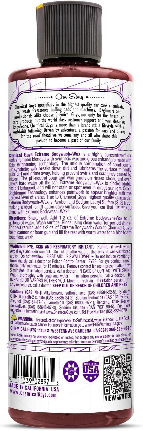 Chemical Guys Extreme Bodywash & Wax Foaming Car Soap – High Foaming Grape Scent Formula for Foam Cannons, Guns or Buckets – Safe Shine and Protection for Cars, Trucks, Motorcycles and RVs, 16 oz