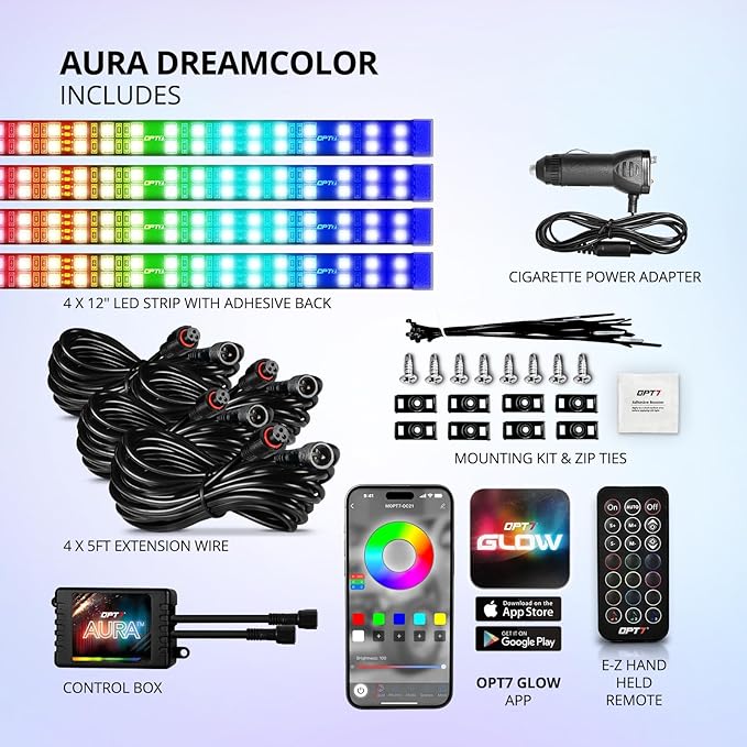 OPT7 Aura DreamColor Interior Light Strips, 4PC Double RGB-IC LED Color Chasing Kit w/APP & Remote Control, Underdash Ambient Lighting Universal for Vehicles Cars Trucks SUVs