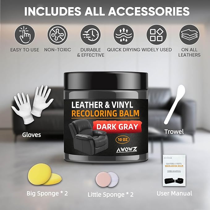 Leather Recoloring Balm - Scratch Repair & Color Restore Kit for Faded Leather, Leather Couch & Car Seats - 10OZ Leather Restorer Balm for Furniture, Auto Interior, Vinyl, Accessories (Dark Gray)