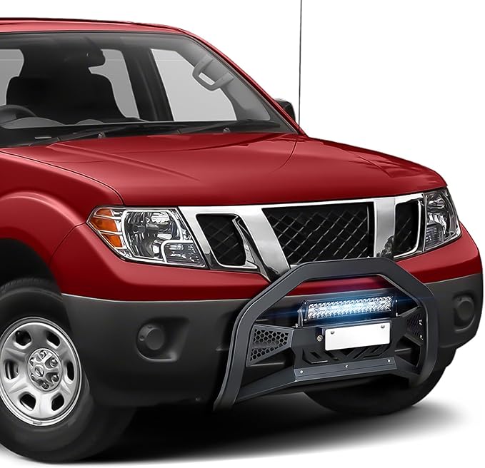 for Frontier Bull Bar Front Brush Guard with LED Light Bar & License Plate Frame Compatible with 2005-2021 Nissan Frontier, Truck Guard Grille Bumper Push Bar (Include Light Mount & Skid Plate)