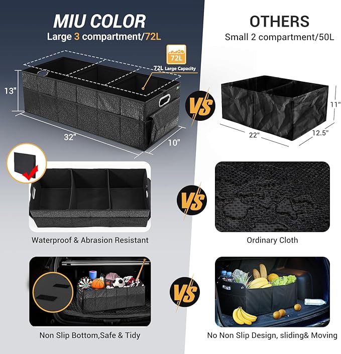 MIU COLOR Trunk Organizer for SUV, Sturdy Car Organizer, Non-Slip Bottom, Folded Storage Organizer for Sedan, Van, Jeep, Grocery, Car Accessories, Large 3 Compartments, Art Black,32"×13"×10.6"
