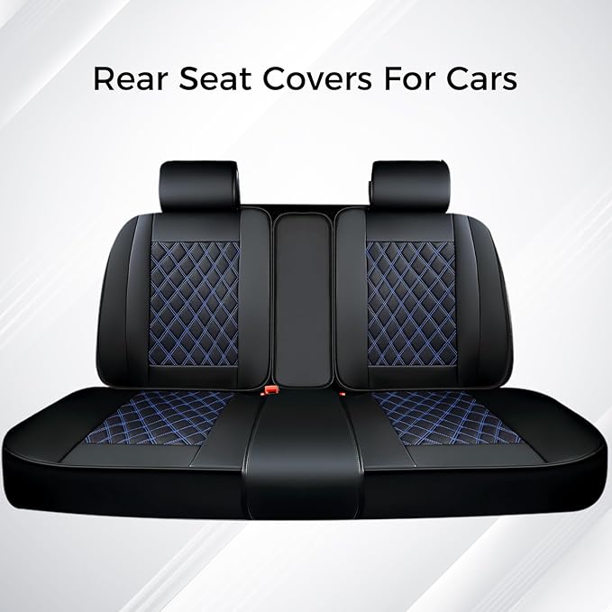 Huidasource Rear Bench Seat Covers for Cars, Waterproof Split Back Seat Cover, Leather Seat Cushion Protector Universal Fit for Most Cars Sedan SUV Pickup Truck (Back Row/Black & Blue)