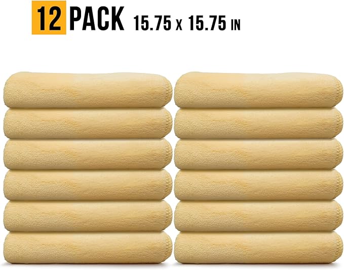 VPD Microfiber Coral Fleece Towels - Dark Yellow, Ultimate Car Drying Towels, Extra Large, Super Absorbent, Lint and Scratch Free, Perfect for Car Wax Polishing (12, 15.75" by 15.75")