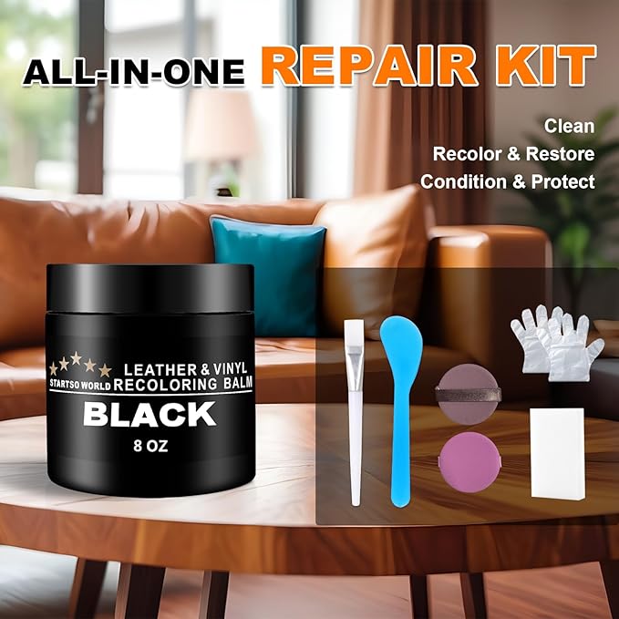 STARTSO WORLD Leather Recoloring Balm, Black Leather Repair Kit for Furniture, Leather Dye, Leather Color Restorer for Couches, Leather Couch Paint | Repair, Restore Faded & Scratched Leather