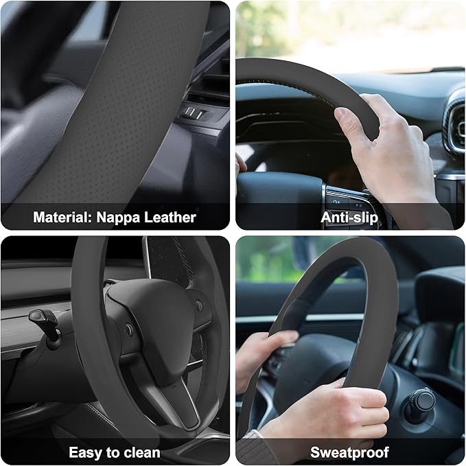 frani Nappa Leather Steering Wheel Cover, Universal 15 Inch Premium Non-Slip Steering Wheel Cover Gray