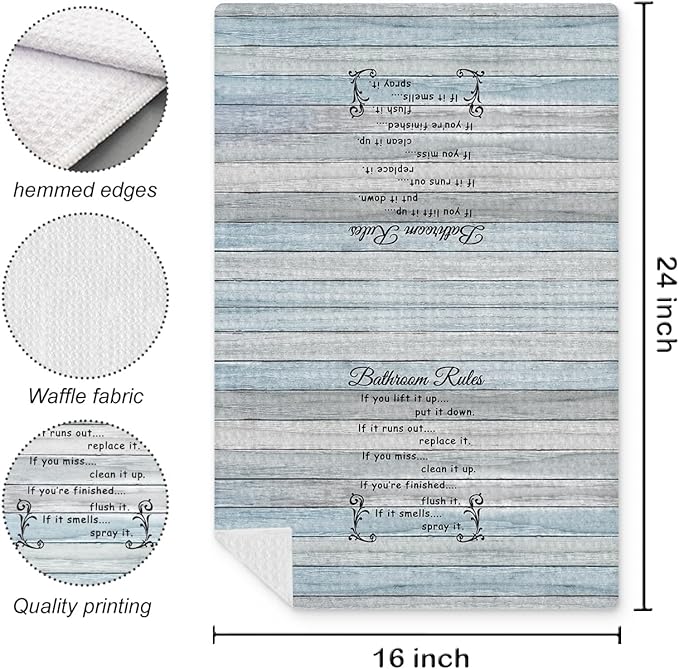 Funny Bathroom Rules Decorative Hand Towels Set of 2, Rustic Farmhouse Hand Towels for Bathroom Decor, 16x24 Inch(Classic Style)