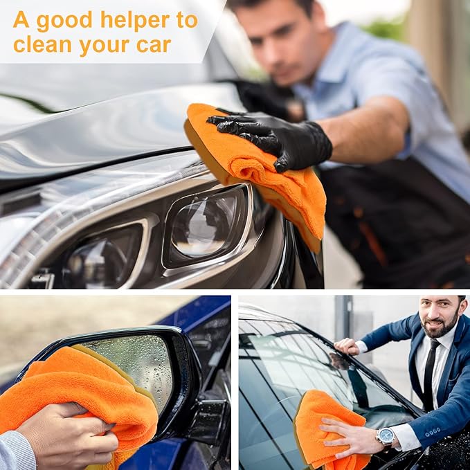 Shimeyao 30 Pcs Edgeless Microfiber Plush Towels for Cars Detailing Drying Wash Polishing Absorbent Cleaning Cloths, 500 GSM, 16 x 16 Inch(16 x 16 Inch,Orange,30 Pcs)