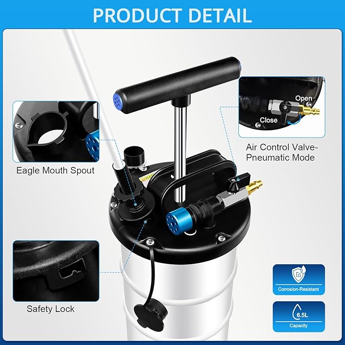 YSTOOL 6.5L Pneumatic and Manual Fluid Extractor Pump Set with Oil Vacuum Change Evacuator, Extension Tubes and Brake Bleeding Hose for Automotive Agricultural Machinery