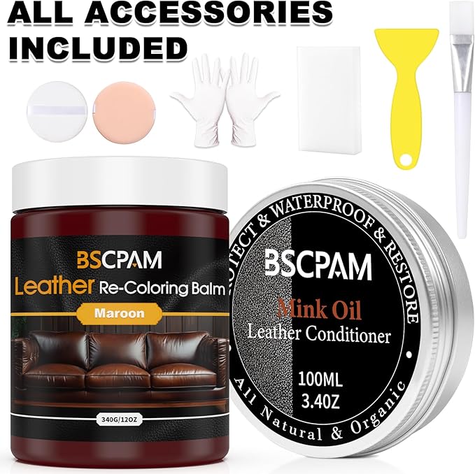 12oz Leather Recoloring Balm & 3.4oz Mink Oil Leather Conditioner kit,Maroon Leather Color Repair Kits for Couches, Leather Couch Paint Scratch Repair for Furniture Car Sofa Shoes Leather Dye