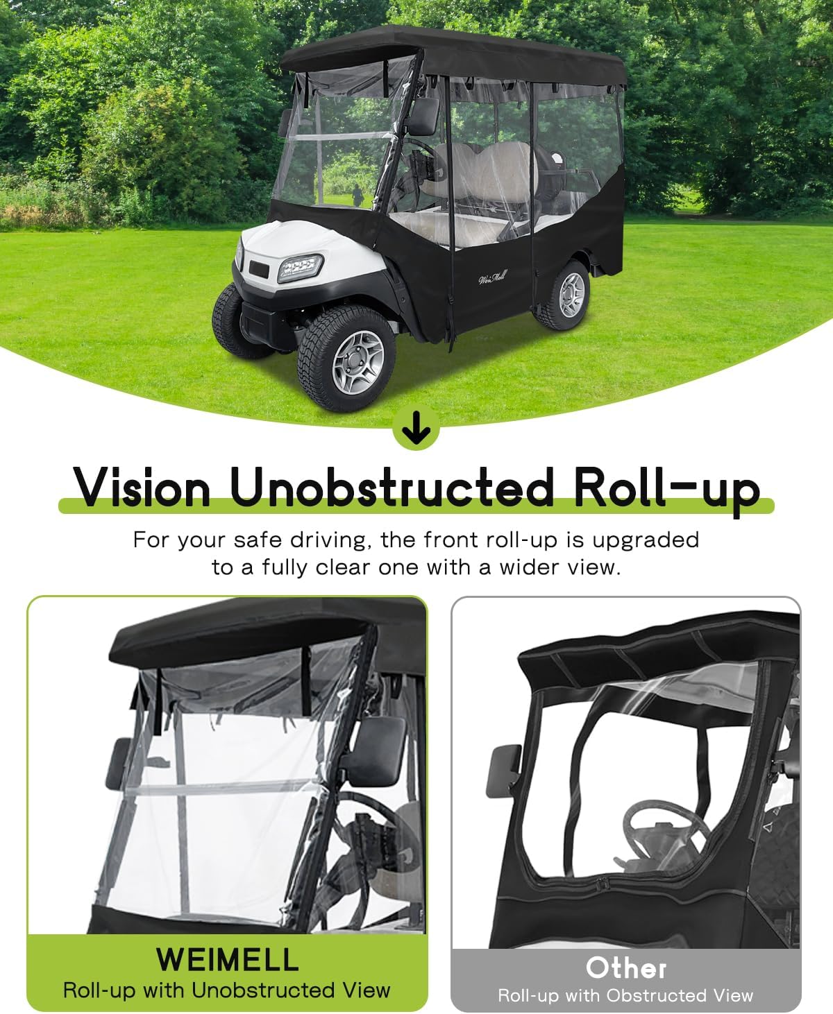 Golf Cart Enclosure 4 Passenger for Club Car Tempo Onward Extended Roof Waterproof Transparent Driving Rain Cover Fit 4-Seater with 4-Sided Clear Windows Mirror Zipper Roll-up Door Black